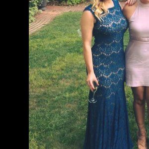 Aqua: Teal & Nude Lace Embroidered Illusion Gown